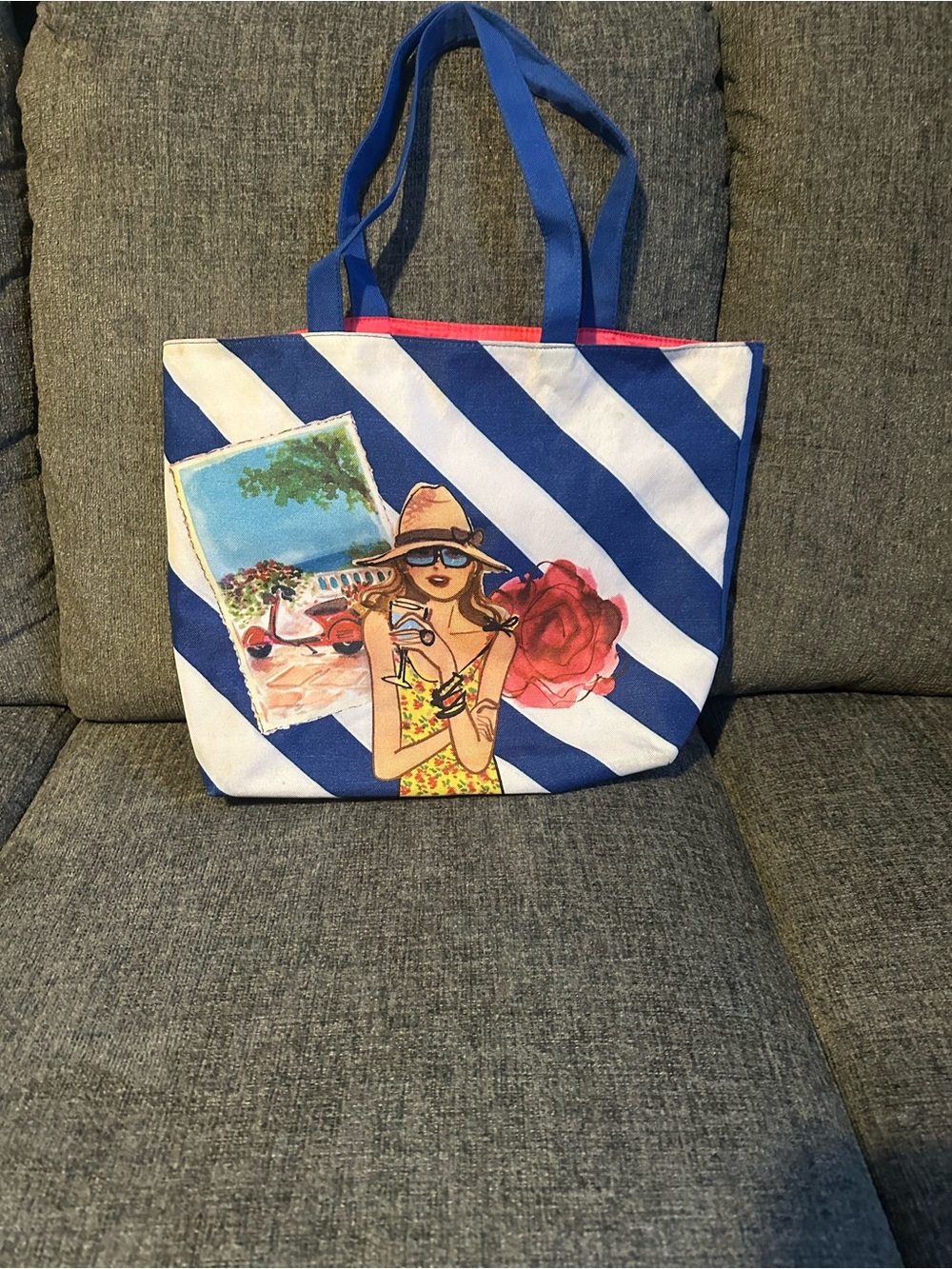 Lancome Blue & White Striped Tote with Beach Illustration